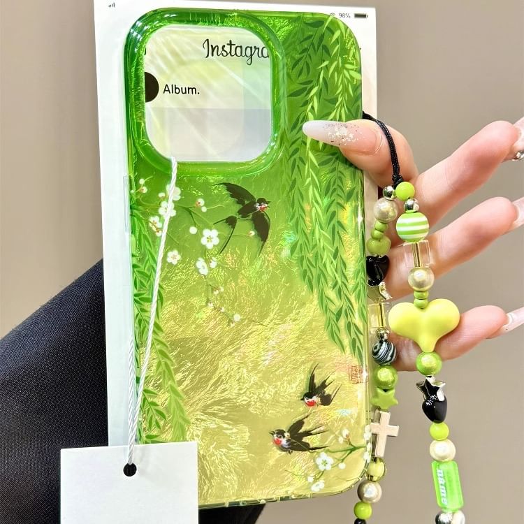 Swallow Print Phone Case / Heart Bead Phone Strap / Set