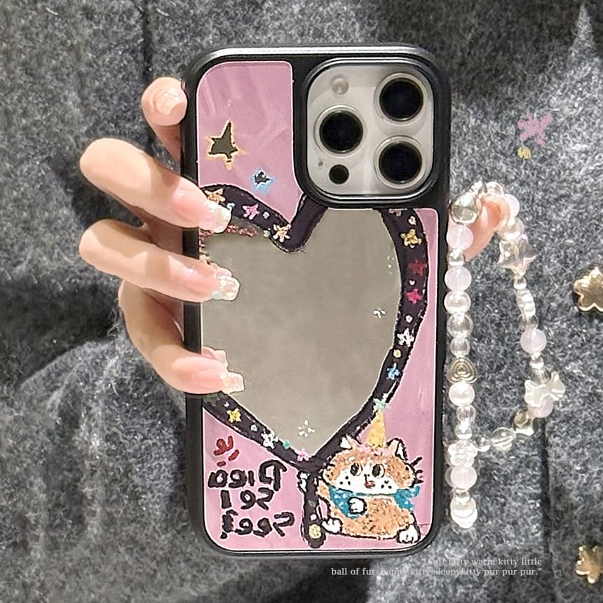 Heart Shape Mirror Phone Case / Star Bead Phone Strap / Set