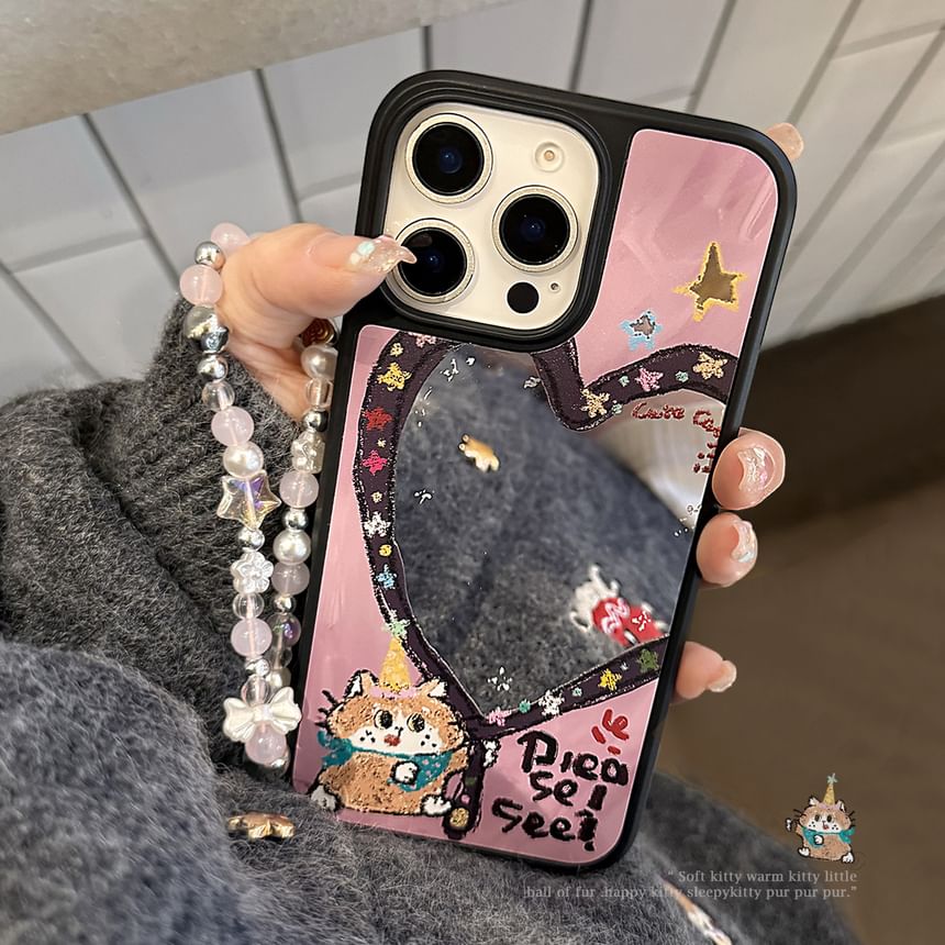 Heart Shape Mirror Phone Case / Star Bead Phone Strap / Set