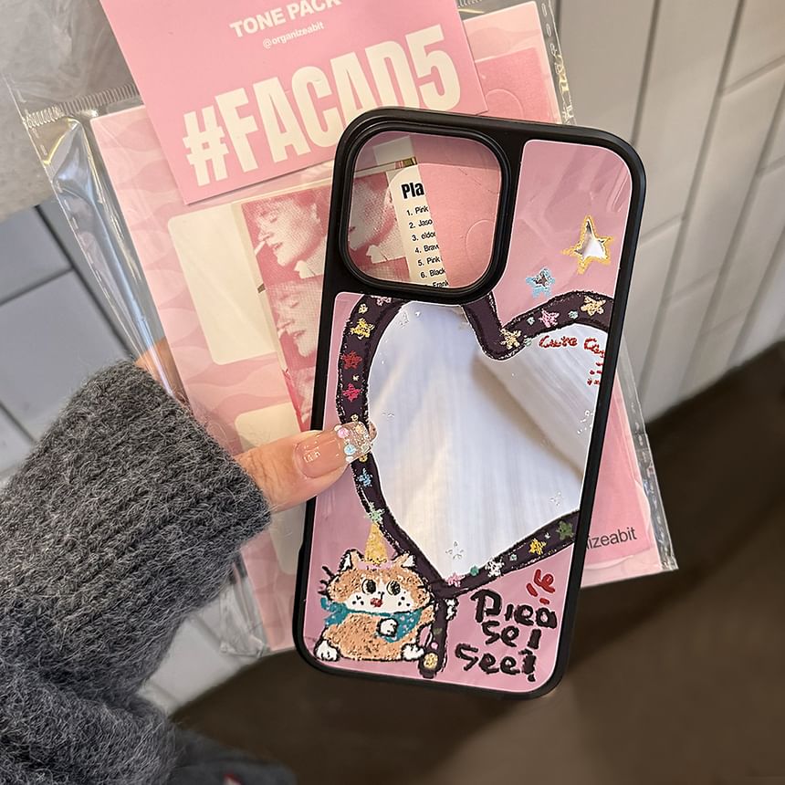 Heart Shape Mirror Phone Case / Star Bead Phone Strap / Set