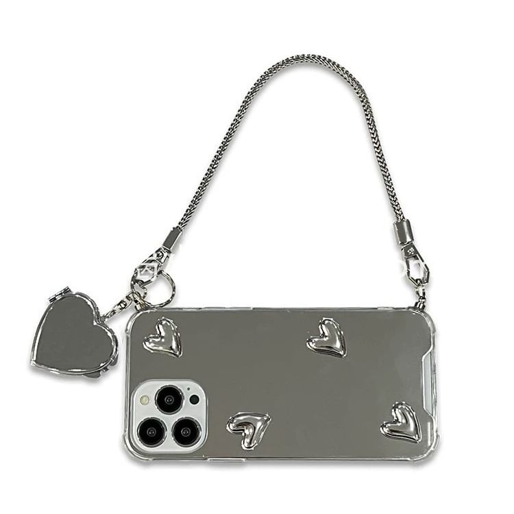 Phone Mirrored Decoration with Heart Adhesive Set Case / Strap