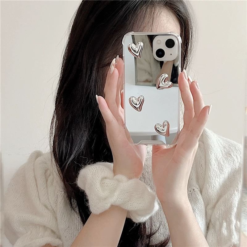 Phone Mirrored Decoration with Heart Adhesive Set Case / Strap