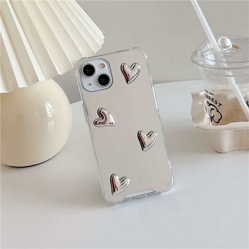 Phone Mirrored Decoration with Heart Adhesive Set Case / Strap
