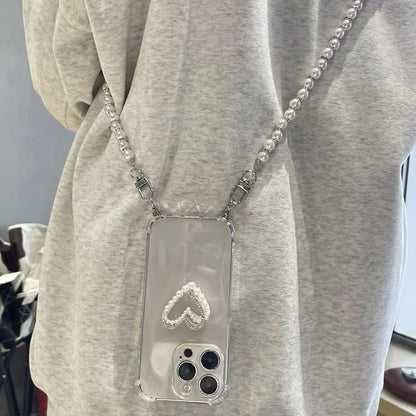 Faux Pearl Heart Transparent Phone Case with Lanyard