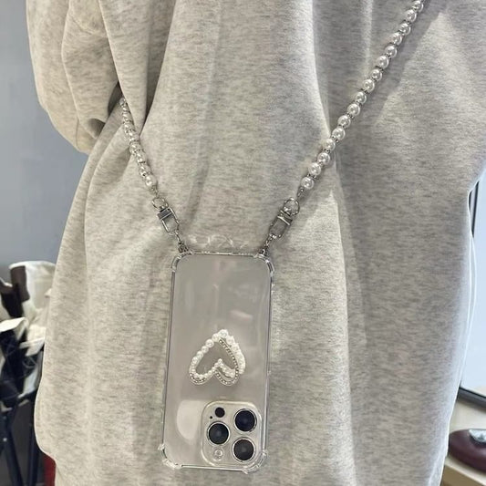 Faux Pearl Heart Transparent Phone Case with Lanyard