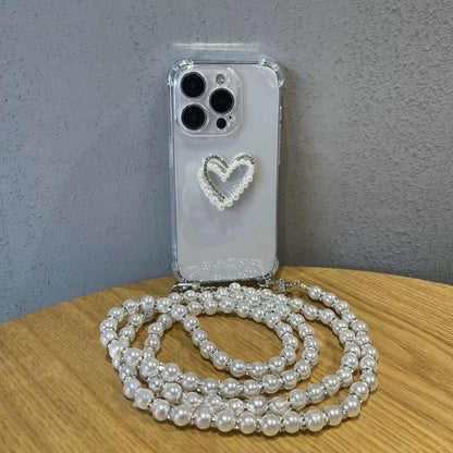 Faux Pearl Heart Transparent Phone Case with Lanyard