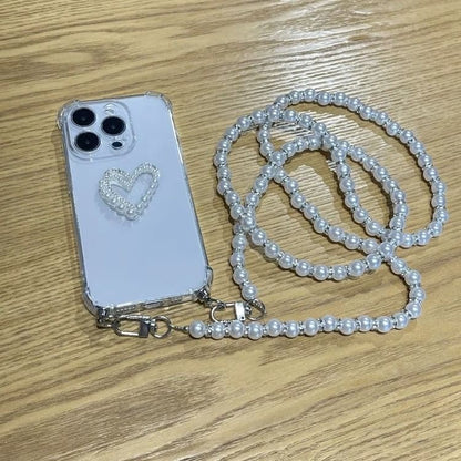Faux Pearl Heart Transparent Phone Case with Lanyard