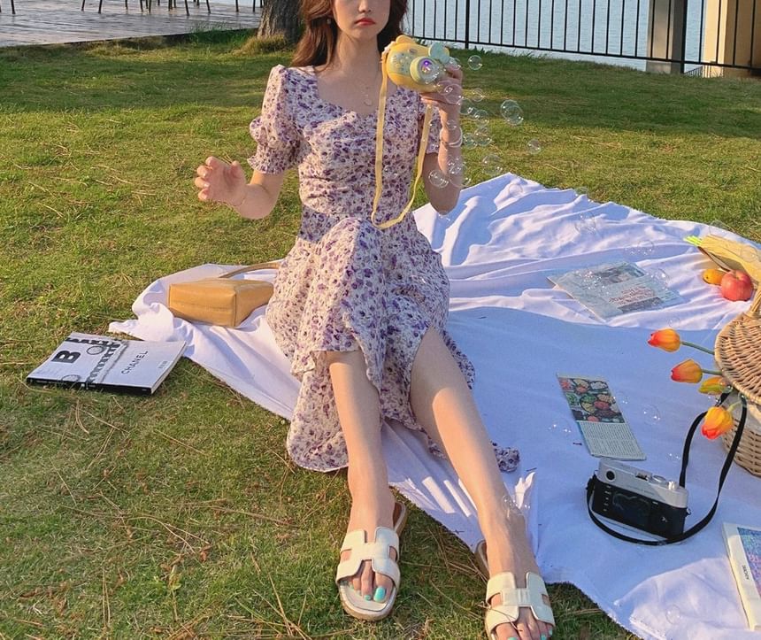 Dress A-Line Midi Puff-Sleeve Slit Floral