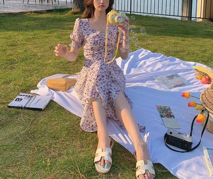 Dress A-Line Midi Puff-Sleeve Slit Floral