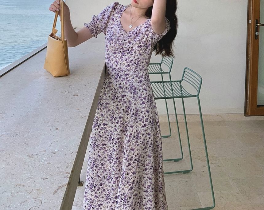 Dress A-Line Midi Puff-Sleeve Slit Floral