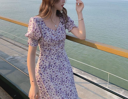 Dress A-Line Midi Puff-Sleeve Slit Floral