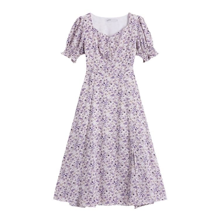 Dress A-Line Midi Puff-Sleeve Slit Floral