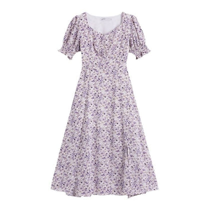 Dress A-Line Midi Puff-Sleeve Slit Floral