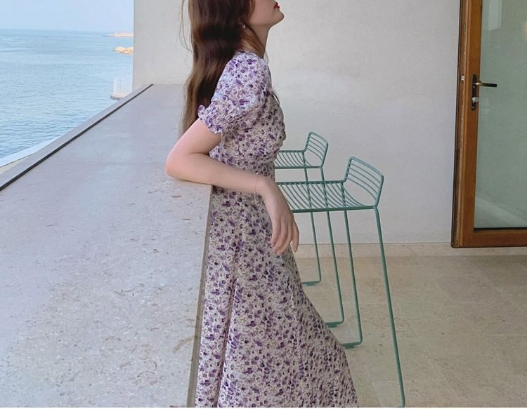 Dress A-Line Midi Puff-Sleeve Slit Floral