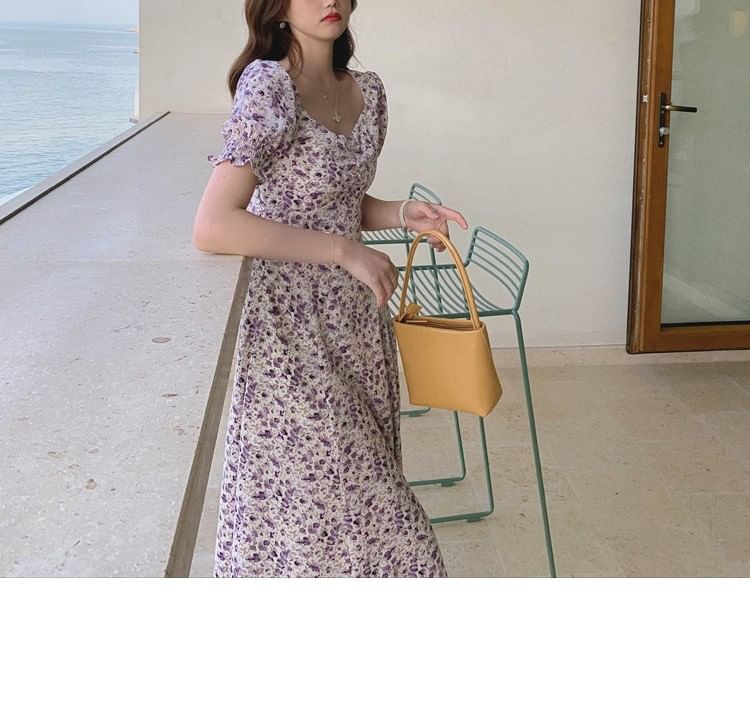 Dress A-Line Midi Puff-Sleeve Slit Floral