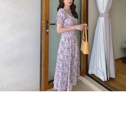 Dress A-Line Midi Puff-Sleeve Slit Floral