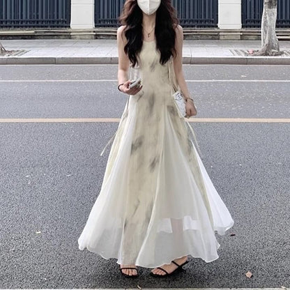 Strap Midi Print Dress A-Line Spaghetti