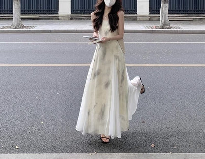 Strap Midi Print Dress A-Line Spaghetti