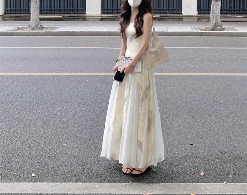 Strap Midi Print Dress A-Line Spaghetti