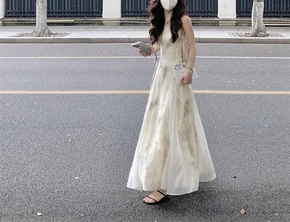 Strap Midi Print Dress A-Line Spaghetti