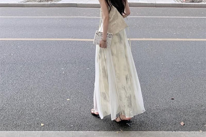 Strap Midi Print Dress A-Line Spaghetti