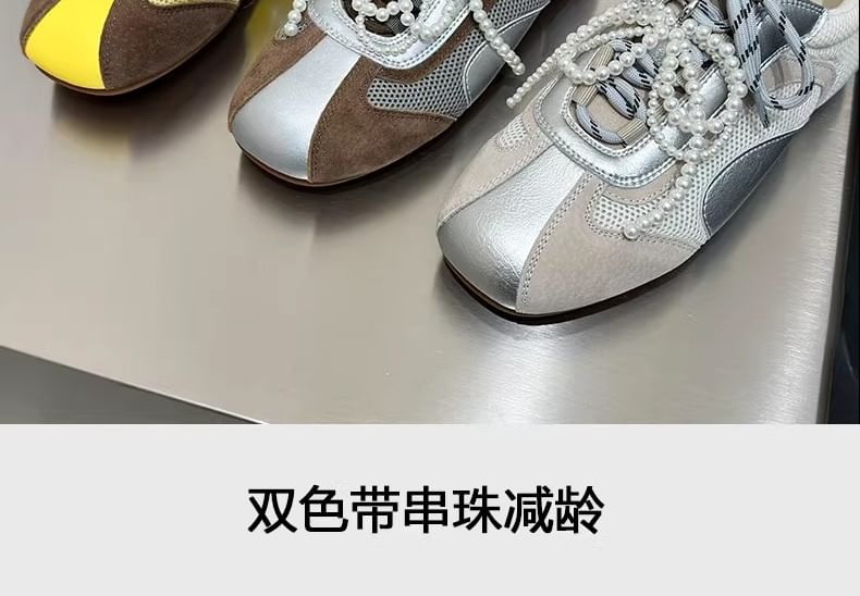 Panel Bow Toe Mesh Sneakers Beaded Square