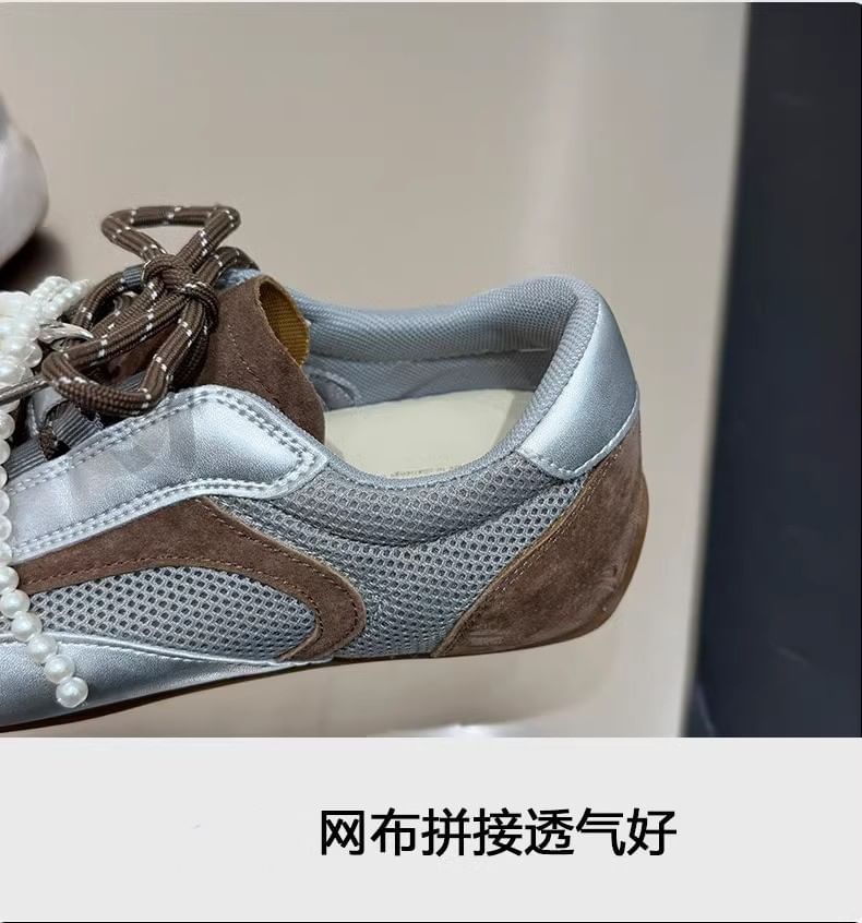 Panel Bow Toe Mesh Sneakers Beaded Square