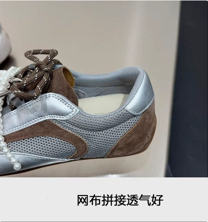 Panel Bow Toe Mesh Sneakers Beaded Square