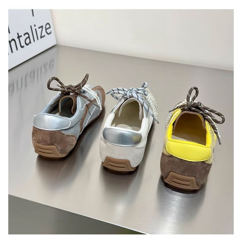 Panel Bow Toe Mesh Sneakers Beaded Square