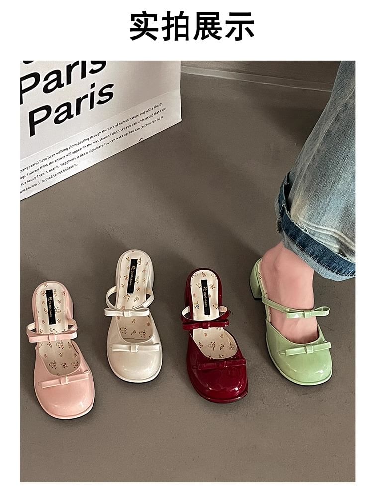 Mary Mules Heel Block Leather Bow Jane Patent