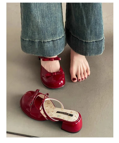 Mary Mules Heel Block Leather Bow Jane Patent