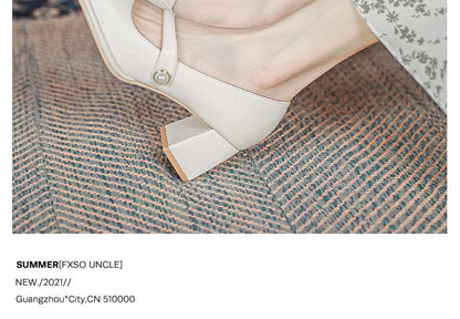 Faux Pearl Pumps Square Jane Mary Toe Heel Chunky