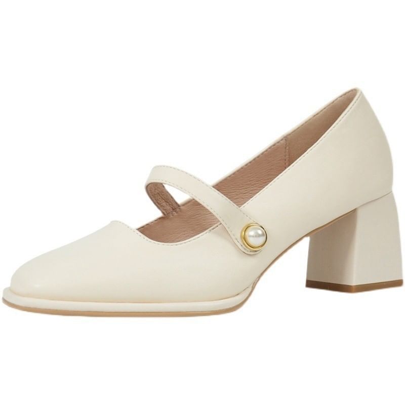 Faux Pearl Pumps Square Jane Mary Toe Heel Chunky
