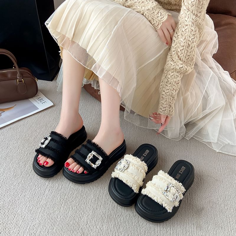 Sandals Trim Fringed Slide Buckled Platform Rhinestone