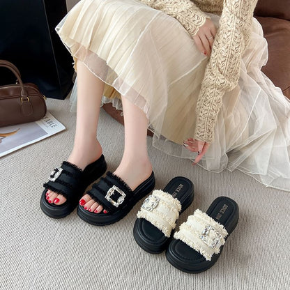 Sandals Trim Fringed Slide Buckled Platform Rhinestone