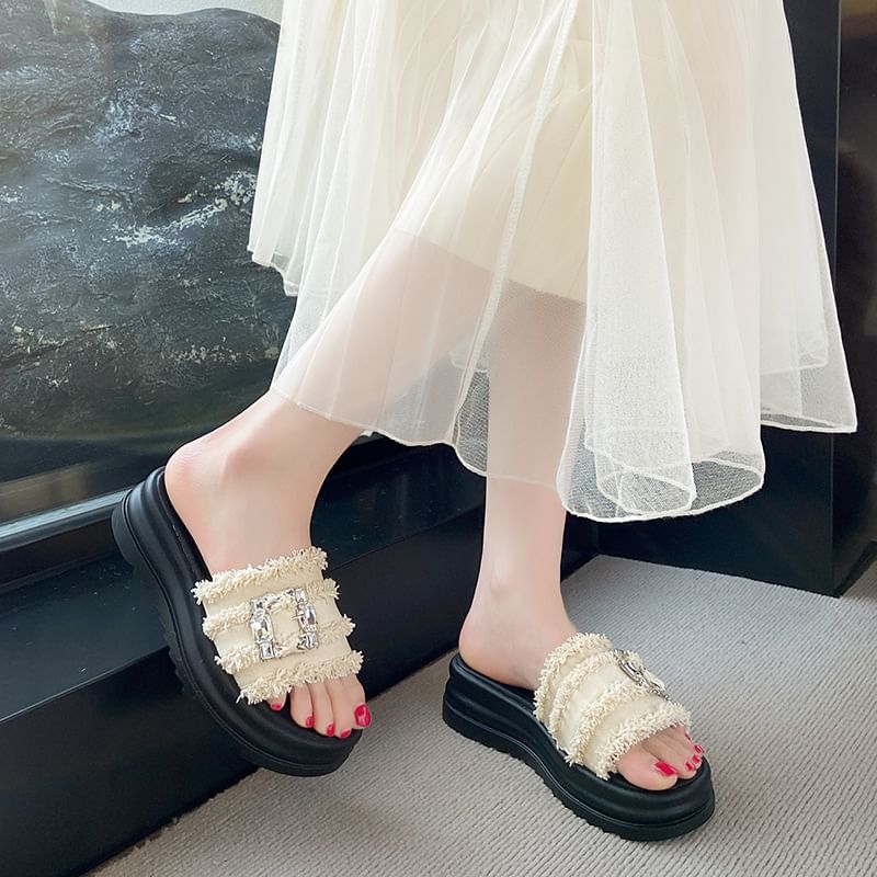 Sandals Trim Fringed Slide Buckled Platform Rhinestone
