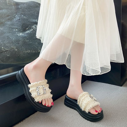 Sandals Trim Fringed Slide Buckled Platform Rhinestone