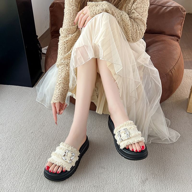 Sandals Trim Fringed Slide Buckled Platform Rhinestone