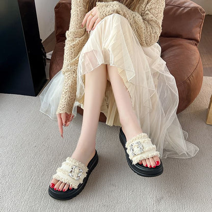 Sandals Trim Fringed Slide Buckled Platform Rhinestone