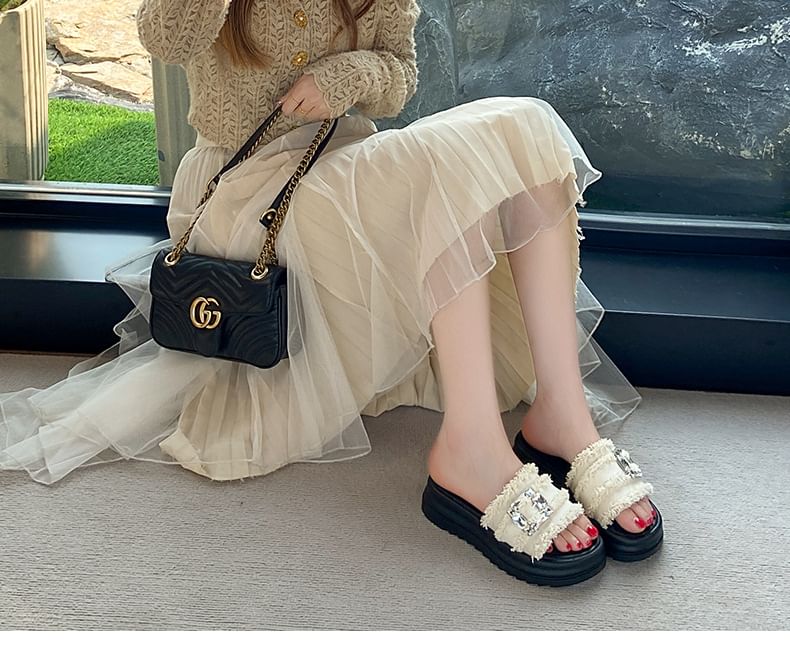 Sandals Trim Fringed Slide Buckled Platform Rhinestone