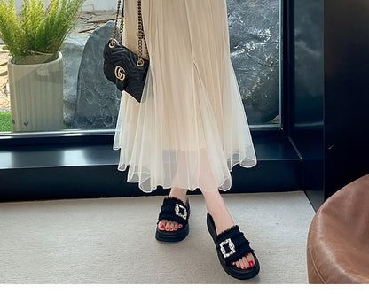 Sandals Trim Fringed Slide Buckled Platform Rhinestone