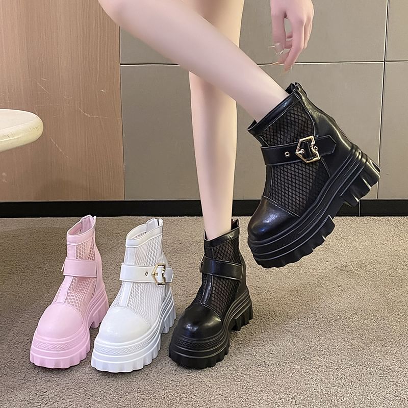Buckled Short Panel Platform Chunky Boots Heel Mesh