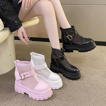 Buckled Short Panel Platform Chunky Boots Heel Mesh