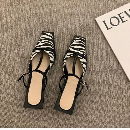 Mules Toe Chunky Heel T-Strap Square