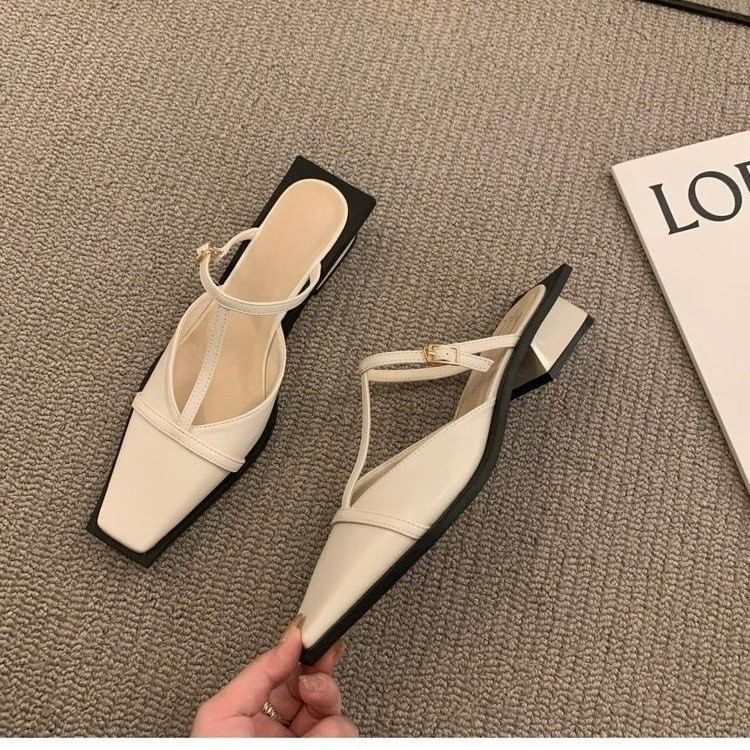 Mules Toe Chunky Heel T-Strap Square