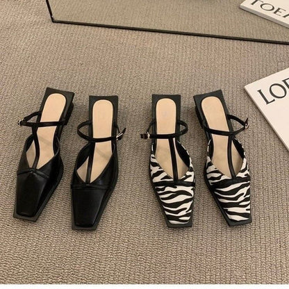 Mules Toe Chunky Heel T-Strap Square
