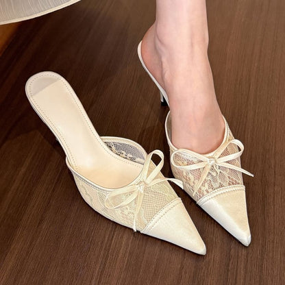 Panel Lace Bow Toe Stiletto Pointed Mules Heel