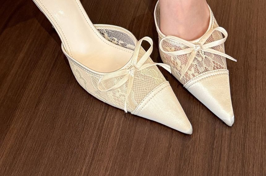 Panel Lace Bow Toe Stiletto Pointed Mules Heel