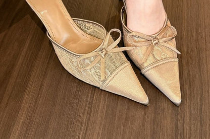 Panel Lace Bow Toe Stiletto Pointed Mules Heel