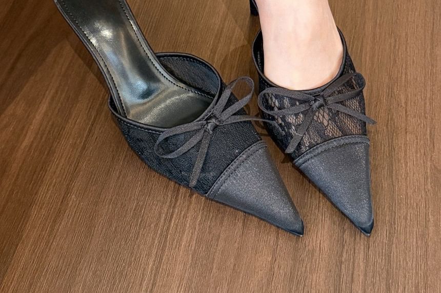 Panel Lace Bow Toe Stiletto Pointed Mules Heel